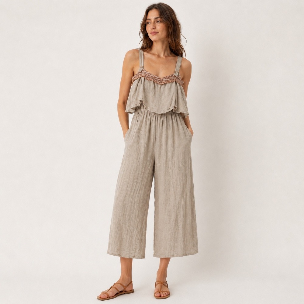 ASNA Italy Linen Wide Leg Jumpsuit Tan Beige Ruffle Smocked Women Medium